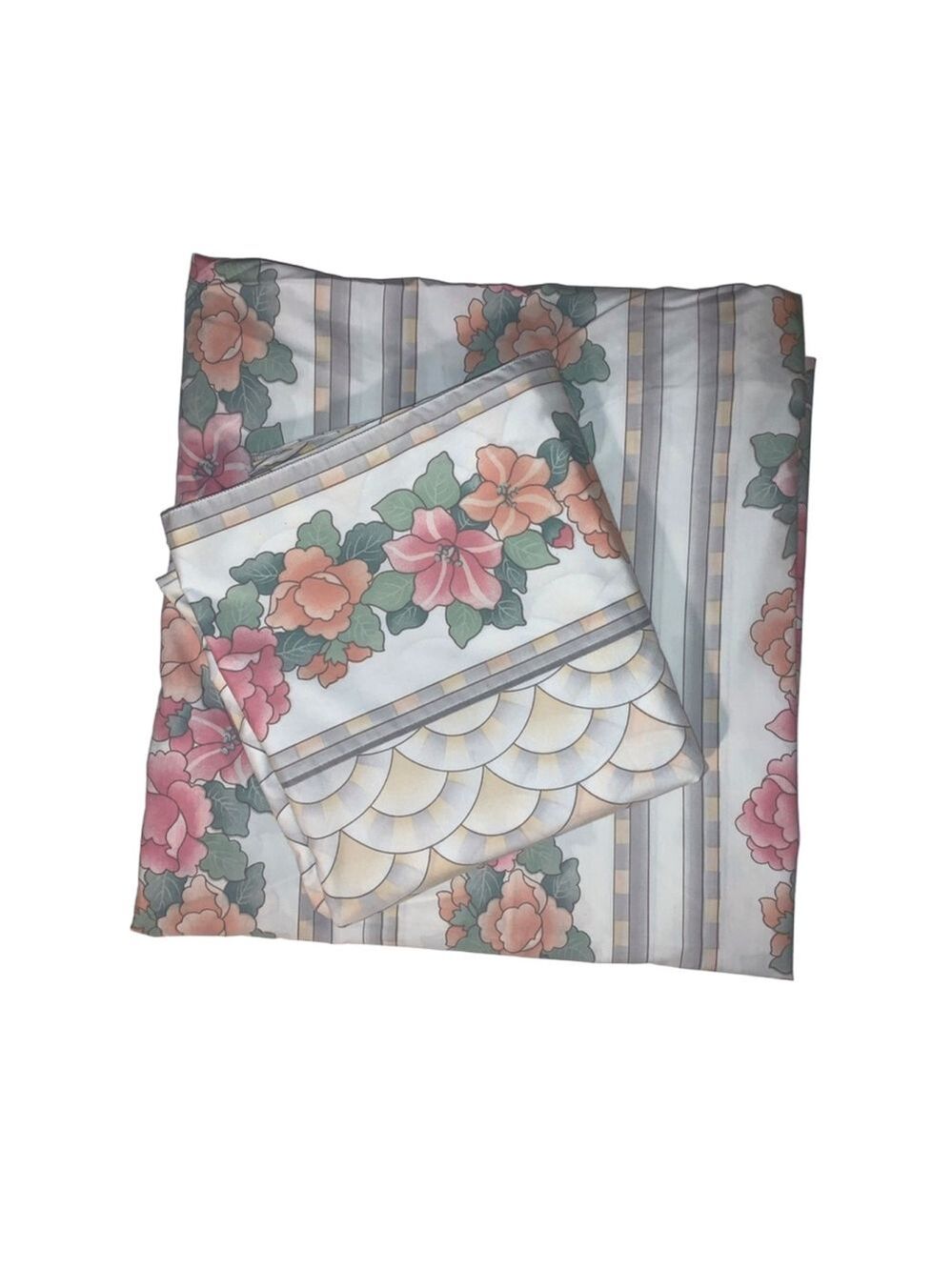 JCPenney Queen Floral Striped Percale Sheet Set White Pink